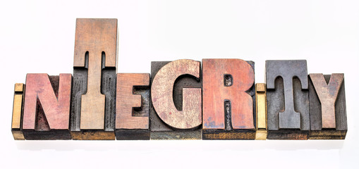integrity word abstract in wood type