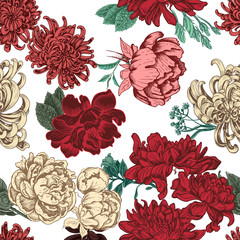 Vector illustration sketch - card with flowers chrysanthemum, peony. Pattern with flowers. Dahlias, Ruscus, Viburnum.