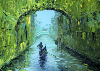 Naklejka premium Widok kanał z łodzią i mostem w Wenecja