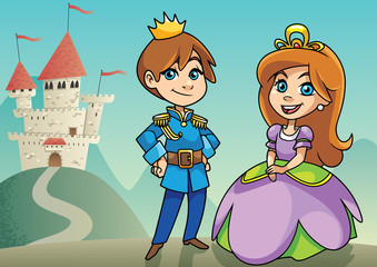 Prince and Princess / Illustration of happy little prince and princess on fantasy background. © Malchev