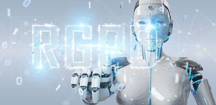 White cyborg using digital GDPR interface 3D rendering