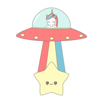 Fototapeta cute cartoon vector ufo with rainbow unicorn and star