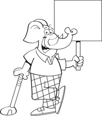 Black and white illustration of an elephant golfer leaning on a golf club while holding a sign.