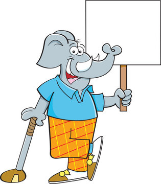 recommend clip art: Cartoon illustration of an elephant golfer leaning on a golf club while holding a sign.
