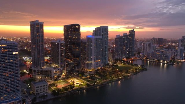 Aerial drone b roll footage Edgewater Miami awesome sunset 4k