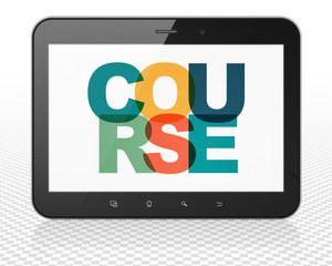 Education concept: Tablet Pc Computer with Painted multicolor text Course on display, 3D rendering