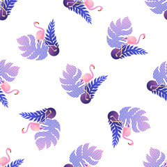 Trendy tropic flamingo seamless pattern with palm tree leaves. Vector illustration of exotic bird on white background. Wildlife concept. Perfect for textile, wrapping paper and scrapbooking.