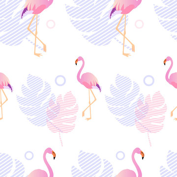 Trendy tropic flamingo seamless pattern with palm tree leaves in tender pastel colour palette. Vector illustration of exotic bird on white background. Wildlife concept.