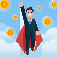 Successful man in a business suit and red cape superhero flying to sky.Manager, leader, superior ability concept.Flat vector illustration