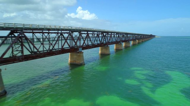 Aerial drone video Florida Keys old destroyed bridge 4k