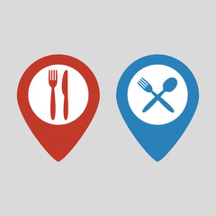 Map marker location with fork spoon and knife.