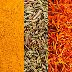 View from the top of dried rosemary, saffron and curcuma