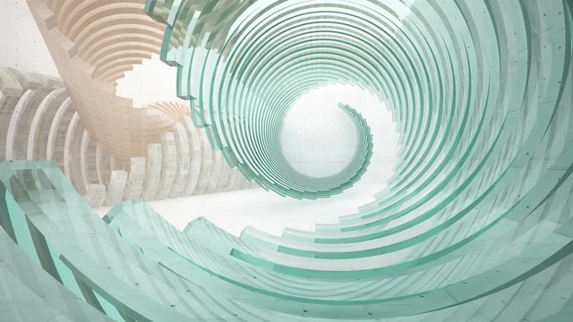 Abstract  concrete and wood parametric interior  with window. 3D animation and rendering.