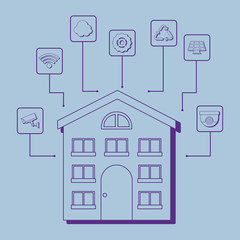 Modern house with smart home related icons over blue background, colorful design. vector illustration