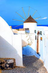 Windmill on Santorini island, Greece. Typical Aegean and cycladic architecture.