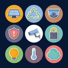 Icon set of smart home design over colorful circles and blue background, vector illustration