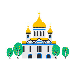 Christian Church. Orthodox church, the temple of Christ the Savior in Moscow, Russia. Flat Cartoon style chapel with cross, chapel, domes and birches. Catholic holy traditional symbol.