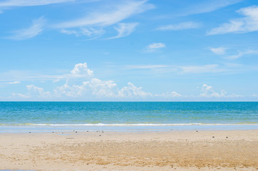 Tropical beach in morning with blue sky and cloud at Huahin, Thailand, Wat Khao Takiap