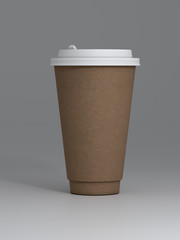 Paper cup for coffee with a lid. brown kraft paper. template. Mockup. gray background