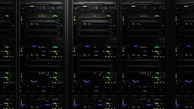 3D rendering of dark modern working data servers with flashing LED lights. Data servers loopable animation