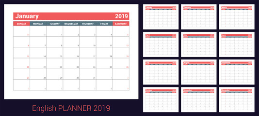2019 calendar. English planner. Red and gray color vector template. Week starts on Sunday. Business planning. New year calender. Clean minimal table. Simple design - obrazy, fototapety, plakaty