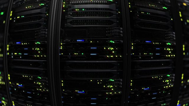 3D rendering of dark modern working data servers with flashing LED lights. Data servers loopable animation