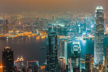 Hongkong city skyline from victoria peak at night