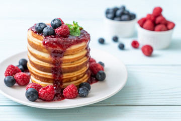 pancake with fresh raspberries and blueberries