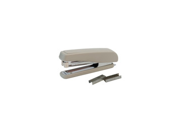 Stationery stapler and metal braces isolated on white background