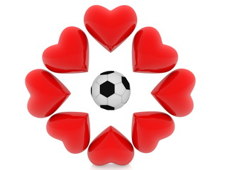 Soccer ball with red hearts around