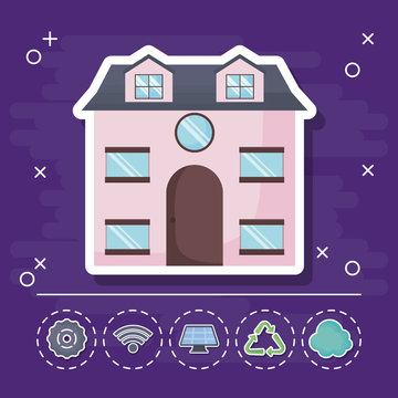 modern house with smart house related icons over purple background, colorful design. vector illustration