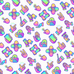 Hands gestures seamless pattern with thin line icons set: handshake, easy sign, single tap, 2 finger tap, holding smartphone, teamwork, mutual help, thumbs up, give love, peace. Vector illustration.