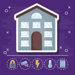 house icon with smart house related icons over purple background, colorful design. vector illustration