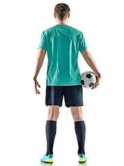 Türaufkleber one caucasian soccer player man standing Rear View holding football isolated on white background © snaptitude