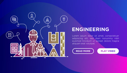 Engineer at work concept with thin line icons: electronics, calculations, tools, repair, idea, it server. Modern vector illustration, web page template on gradient background.