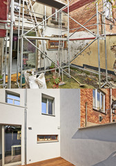 Fototapeta na wymiar New facade in courtyard from old house before and after