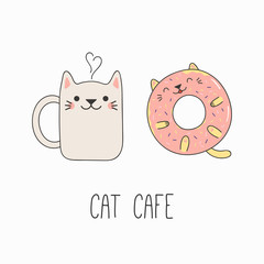 Hand drawn vector illustration of a kawaii funny steaming mug cup and donut with cat ears. Isolated objects on white background. Line drawing. Design concept for cat cafe menu, children print.