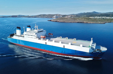 roro ship sailing in the Mediterranean Sea near the coast of Greece