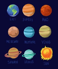 Set of cartoon space objects. Solar system. Vector illustration.
