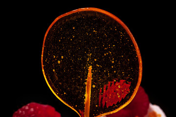 Cake in white glaze with fresh raspberry and lollipops on black background. Close-up