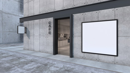 Front view Cafe shop & Restaurant design Modern Loft black metal concrete wall wood door- 3D rendering