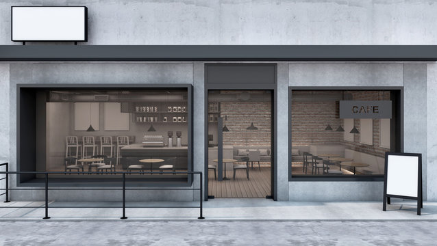 Front view Cafe shop & Restaurant design. Modern Loft wall concrete frame windows black metal counter metal black. Top counter concrete, 3D render