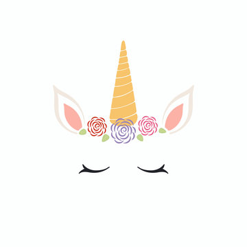 Hand drawn vector illustration of a cute funny unicorn face cake decoration with roses. Isolated objects on white background. Flat style design. Concept for children print.
