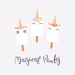 Tuinposter Illustraties Set of cute funny ice cream with unicorn faces, horns, ears, flowers, lettering quote Magical party. Isolated on light background. Vector illustration. Flat style design. Concept for children print.