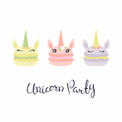 Set of cute funny macarons with unicorn faces, horns, ears, flowers, lettering quote Unicorn party. Isolated objects on white background. Vector illustration. Flat style design. Concept children print