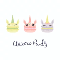 Papier Peint photo Illustration Set of cute funny macarons with unicorn faces, horns, ears, flowers, lettering quote Unicorn party. Isolated objects on white background. Vector illustration. Flat style design. Concept children print