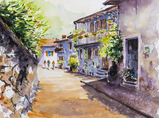  Architecture of village Limone sul Garda on Garda Lake, Italy .Picture created with watercolors.