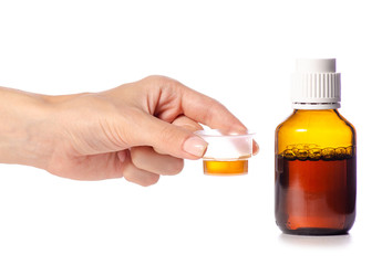 Bottle of syrup in hand medicine on white background isolation