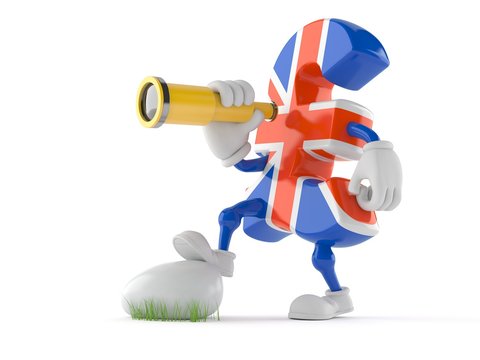 Pound currency character looking trough a telescope