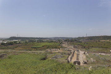 Aerial view from the Nympahion of Kestros side of Perge Ancient City in Antalya, Turkey